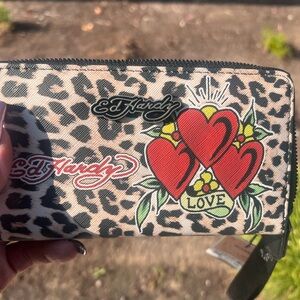 Ed Hardy Leopard Print Wallet with Red Hearts and Love Banner